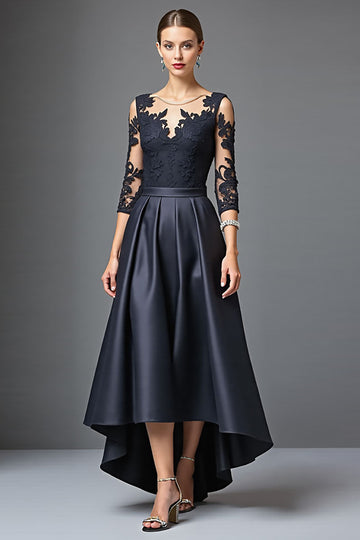 Navy High Low A Line Mother Of The Bride Dress With Appliques